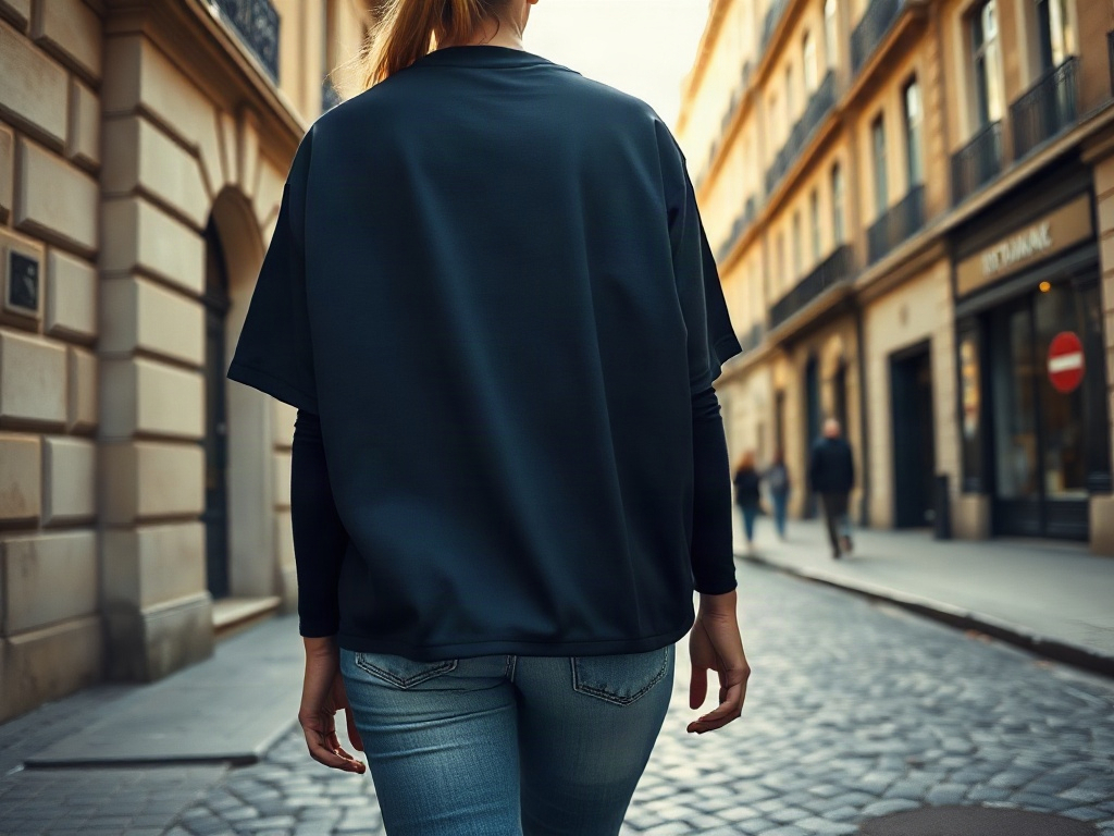 Supportrice portant un maillot de foot bleu marine oversized rentré dans un jean taille haute dans une rue parisienne