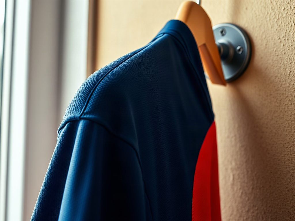 Détail d'épaule d'un maillot de foot suspendu sur un cintre en bois large, lumière naturelle révélant la texture du tissu polyester