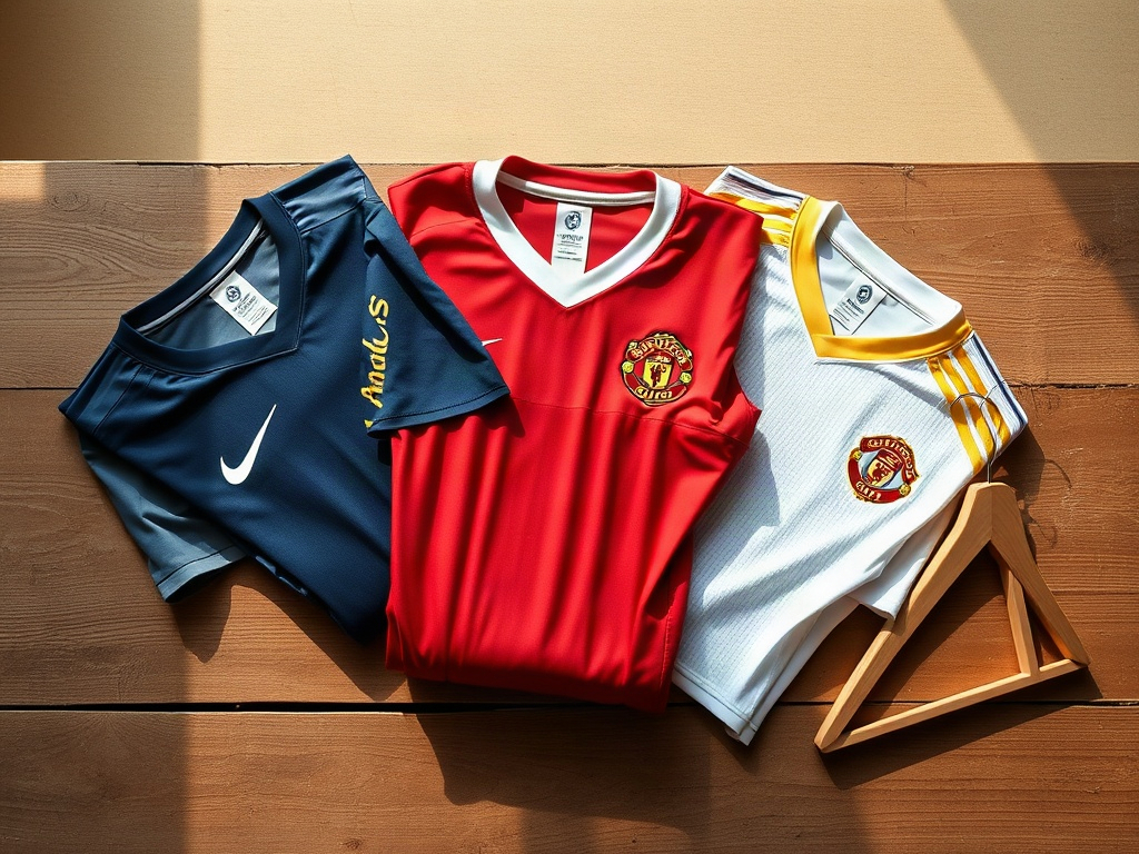 Comparaison cintre plastique et cintre bois posés à côté de maillots de foot pliés sur une table en bois