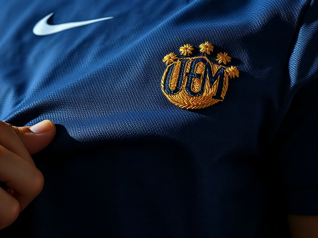 Gros plan sur le flocage et le badge brodé d'un maillot de foot Champions League