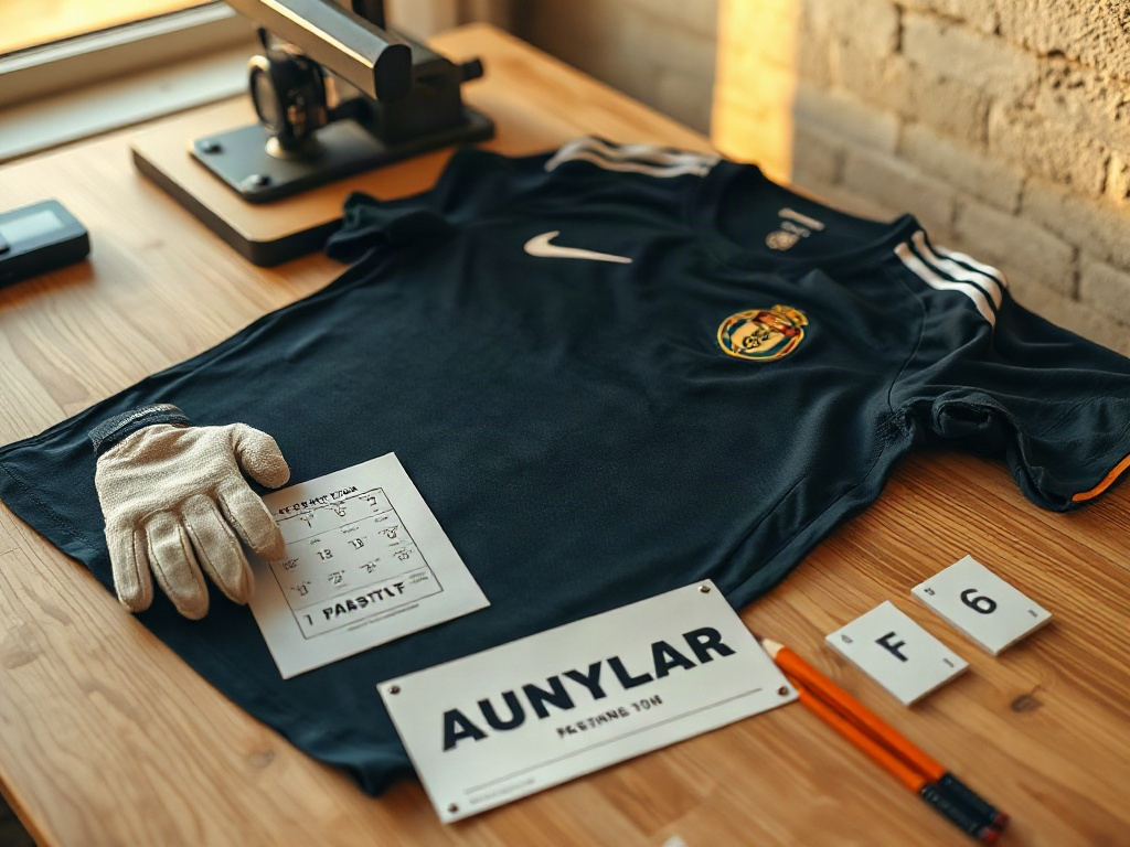 Vue à plat d'un maillot de foot avec presse thermique, gabarit officiel et vinyle thermocollant prêt à l'application