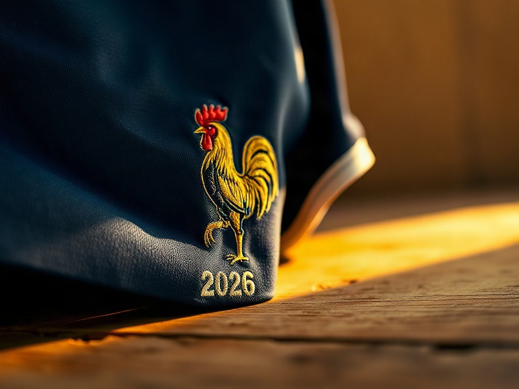 Détail broderie coq gaulois en relief sur le nouveau maillot Équipe de France 2026 bleu marine