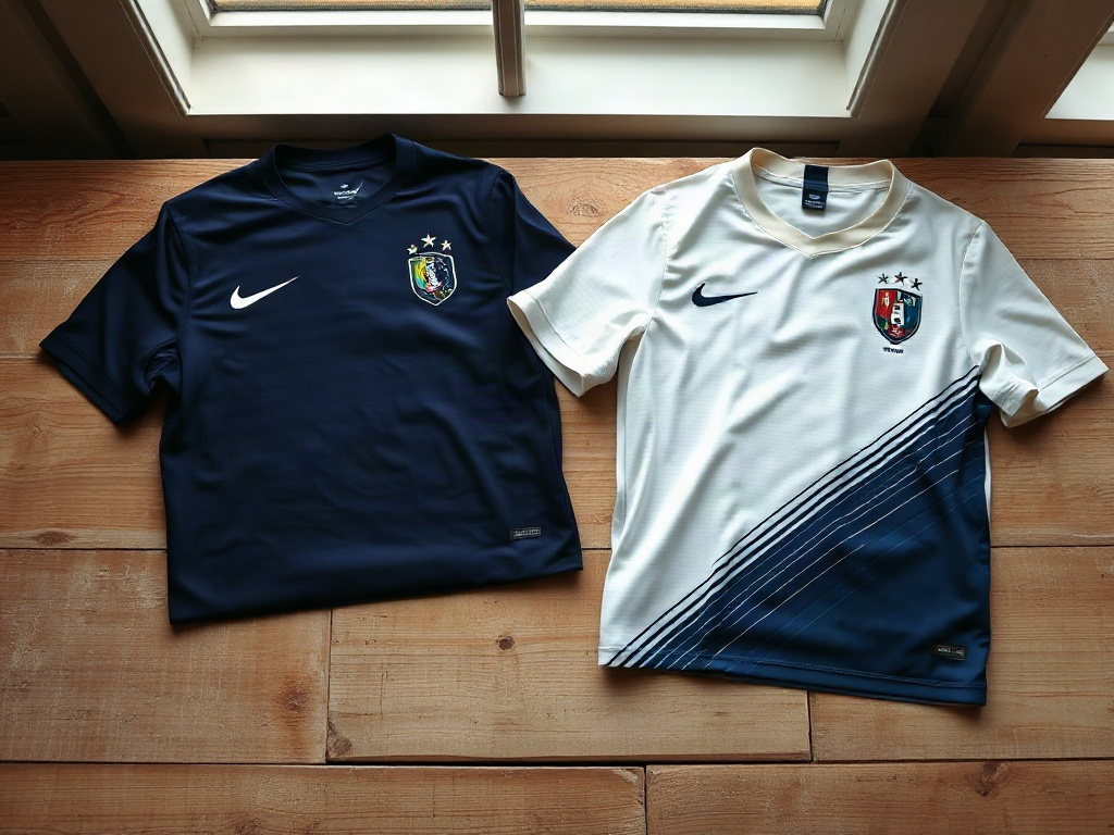 Maillots domicile et extérieur France 2026 côte à côte, flat-lay avec emballage d'origine