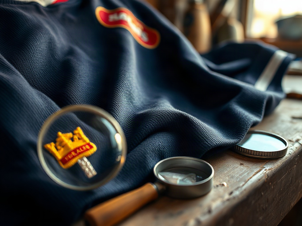 Détail macro tissu maillot de foot vintage années 1990 avec broderie de badge sous lumière latérale d'atelier