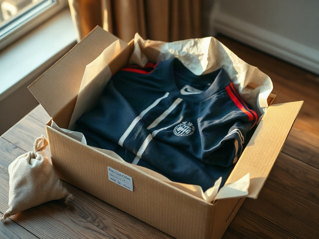 Boîte archive de stockage maillots foot vintage ouverte avec papier de soie et jerseys des années 1990 soigneusement pliés