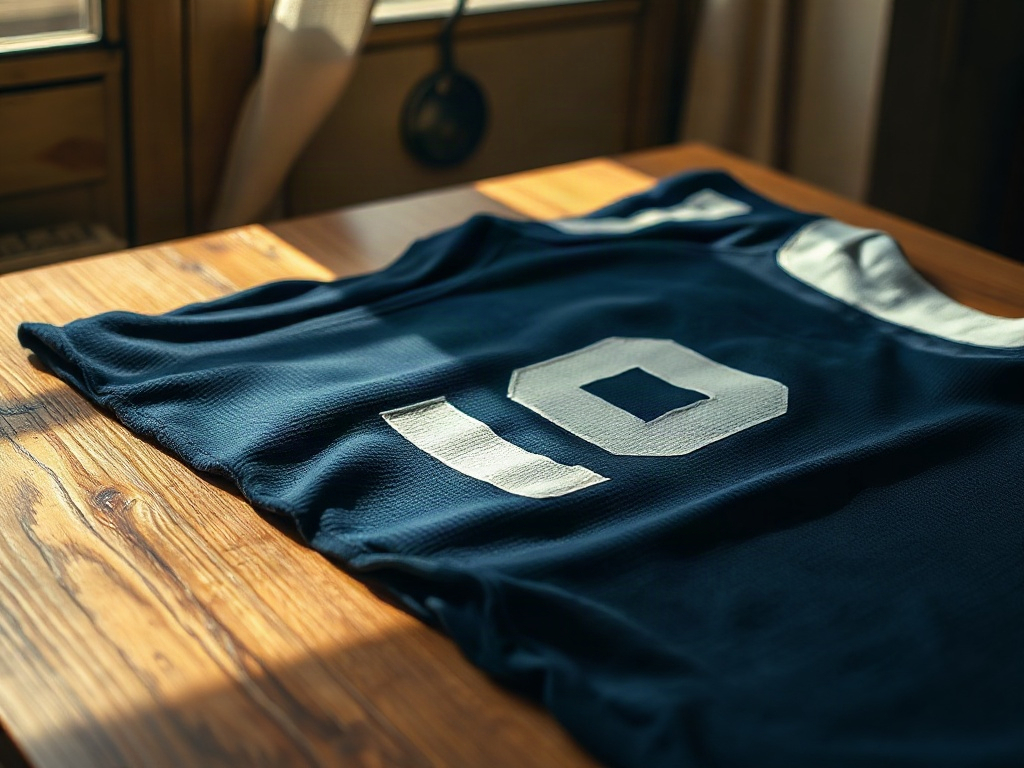 Gros plan du numéro 9 flocqué au dos d'un maillot de foot bleu marine posé à plat sur une table en bois