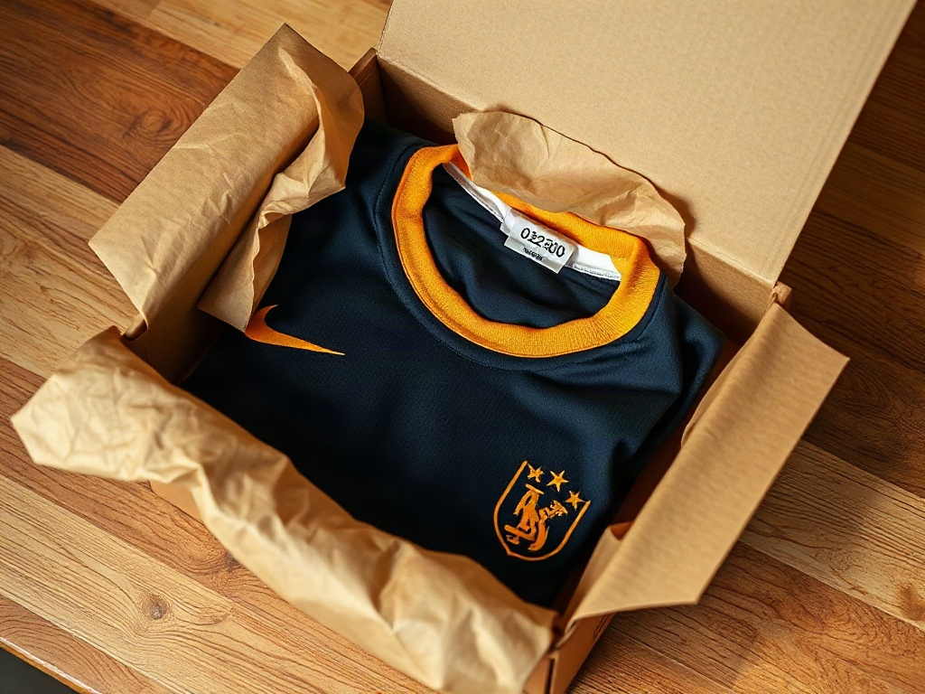 Boîte de collection ouverte avec un maillot de foot numéroté en série, tag brodé 023/300 visible dans le col