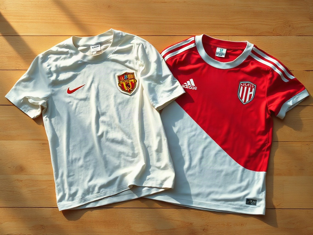 Comparaison côte à côte d'un maillot de foot en coton vintage et d'un maillot moderne en polyester, étiquettes de lavage visibles