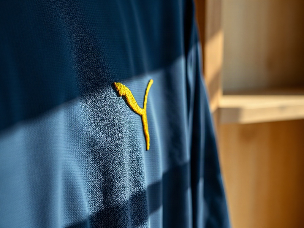 Détail de broderie dorée sur un maillot de foot en jersey marine profond, lumière naturelle latérale