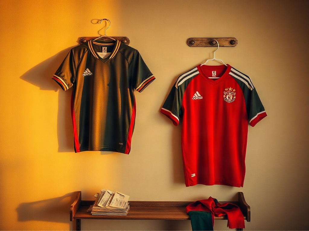 Deux maillots de foot stylés accrochés sur des crochets métalliques vintage contre un mur beige, lumière dorée de fin de journée