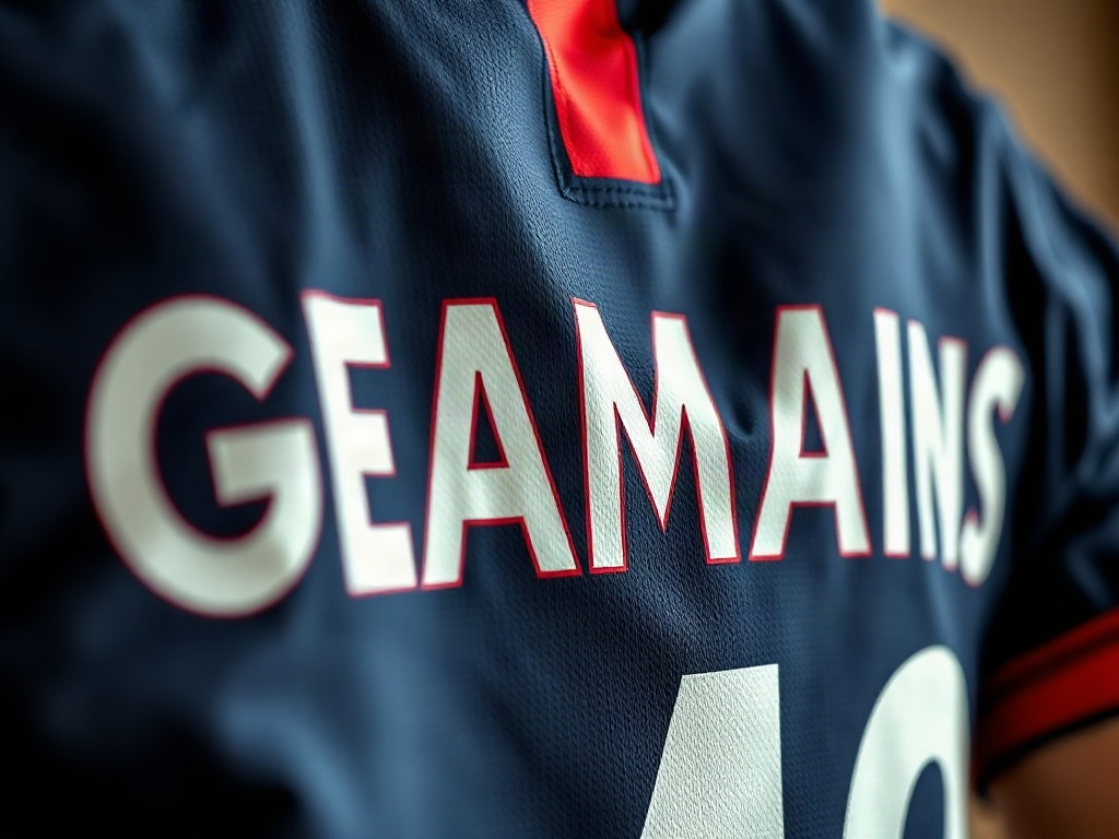 Gros plan sur le flocage thermocollé d'un maillot PSG, montrant les couches de flex et l'outline rouge sur lettres blanches