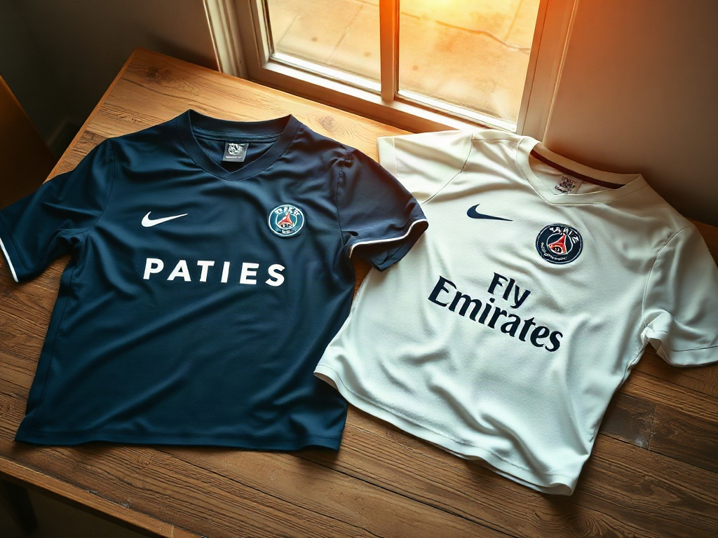 Vue à plat de deux maillots PSG côte à côte, comparant le flocage maillot domicile navy et extérieur blanc