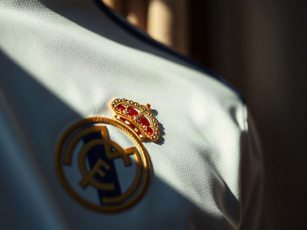 Broderie dorée de l'étoile sur un maillot Real Madrid, détail macro du fil en relief