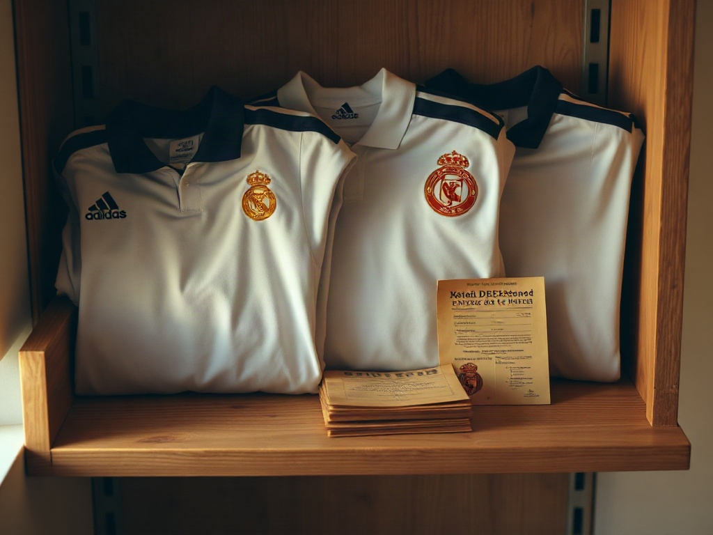 Étagère de collectionneur avec maillots Real Madrid blancs pliés et anciens programmes de matchs