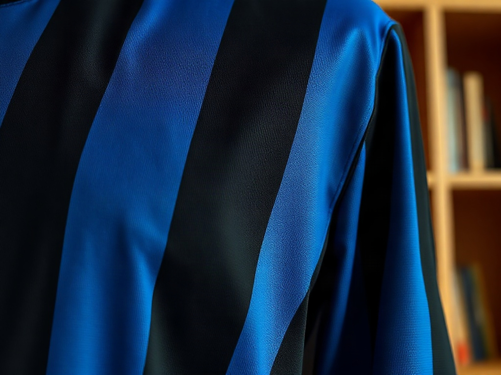 Détail du badge brodé sur un maillot Inter Milan rayé noir et bleu, texture tissu visible en gros plan