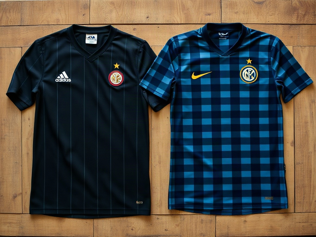 Comparaison de deux maillots Inter Milan rayés, modèle vintage années 1990 et édition moderne, posés à plat sur bois