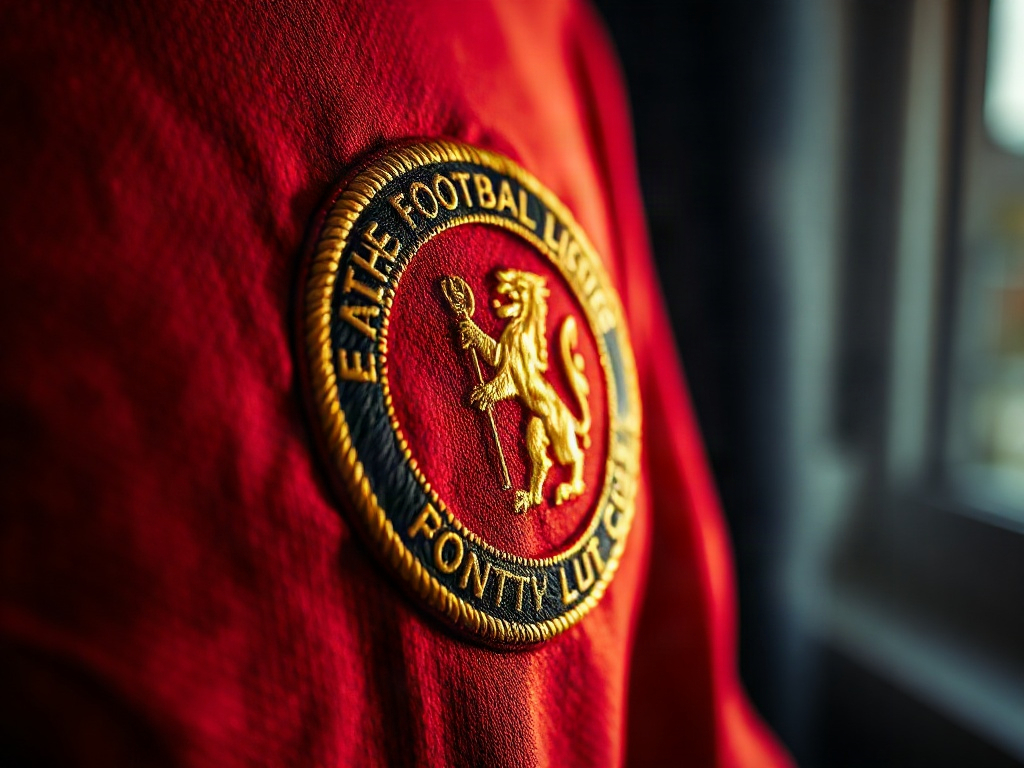 Broderie d'un badge de club sur un maillot de foot rouge - détail macro