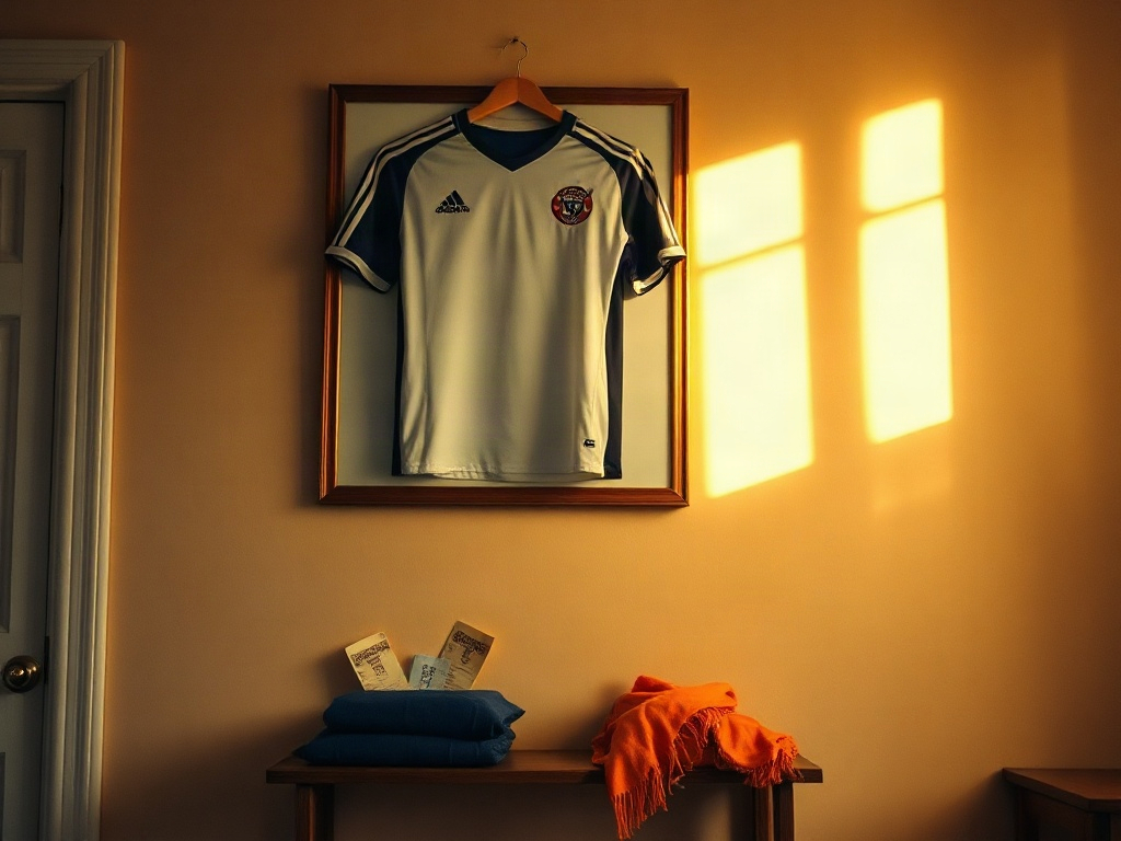Maillot de foot encadré sur un mur de chambre de collectionneur