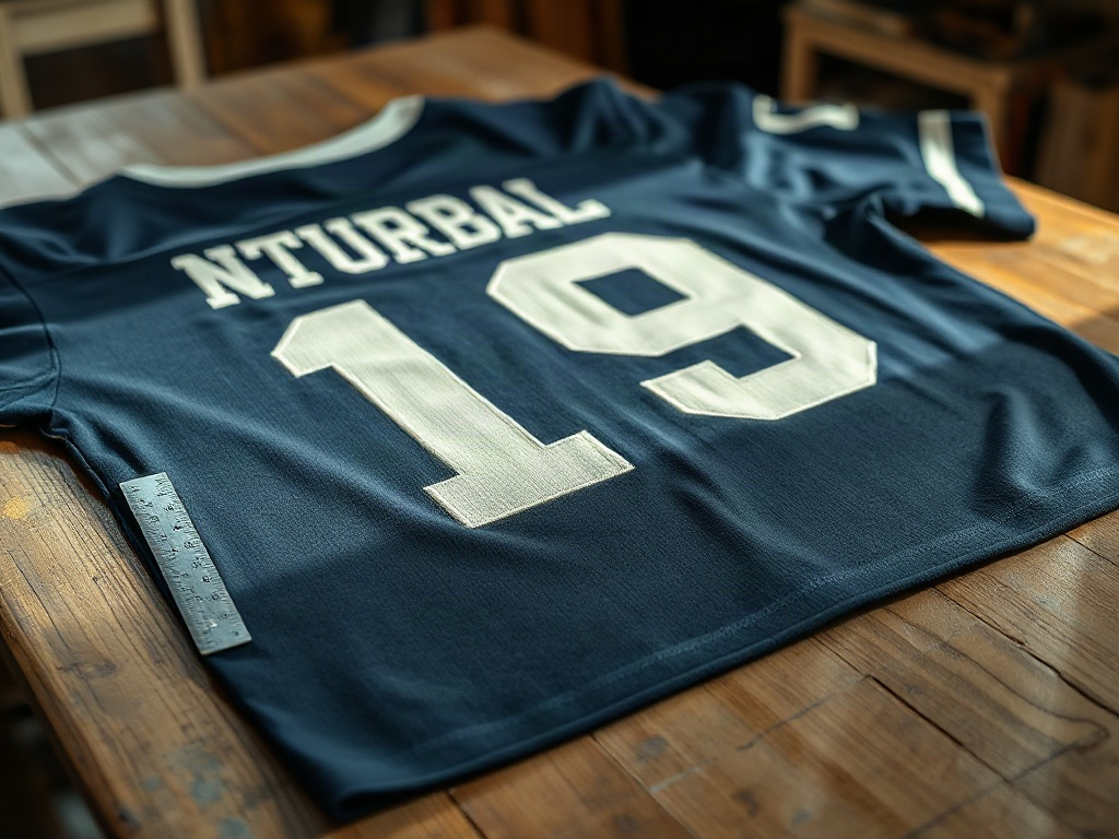 Maillot de foot bleu marine à plat sur une table en bois avec flocage blanc et règle pour mesurer la hauteur des lettres
