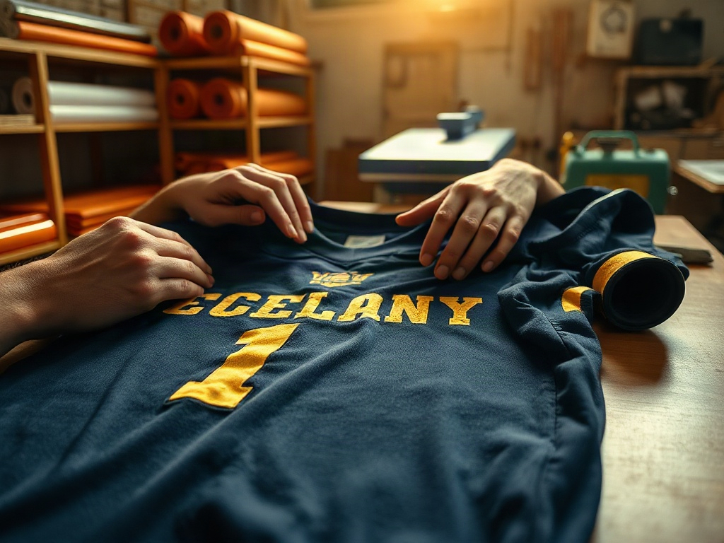 Mains d'un technicien inspectant les lettres flocquées dorées sur un maillot de foot bleu marine sous lumière d'atelier