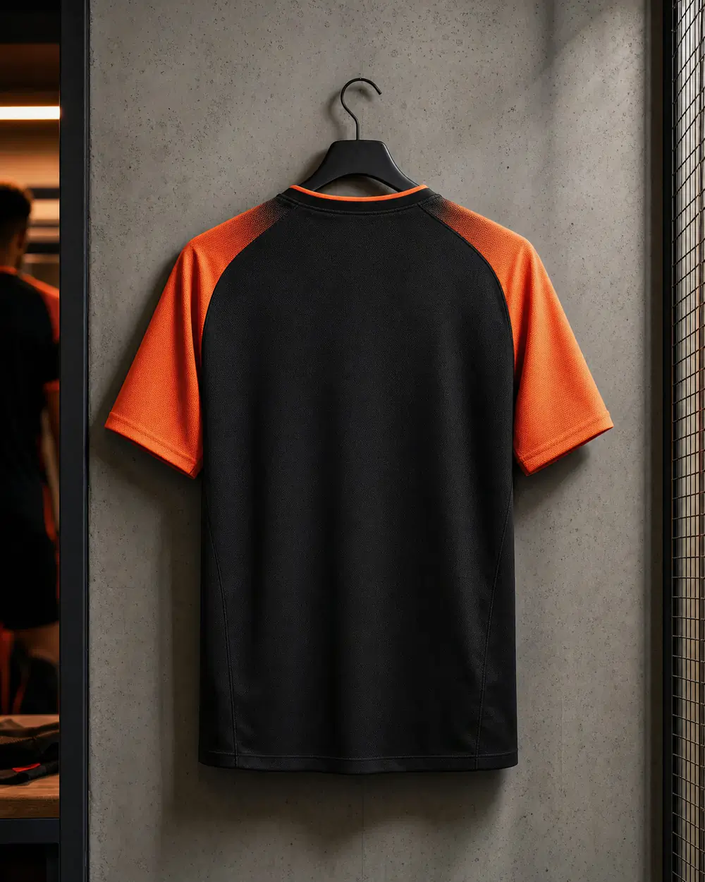 Dos d'un maillot de foot noir et orange prêt pour le nom et le numéro