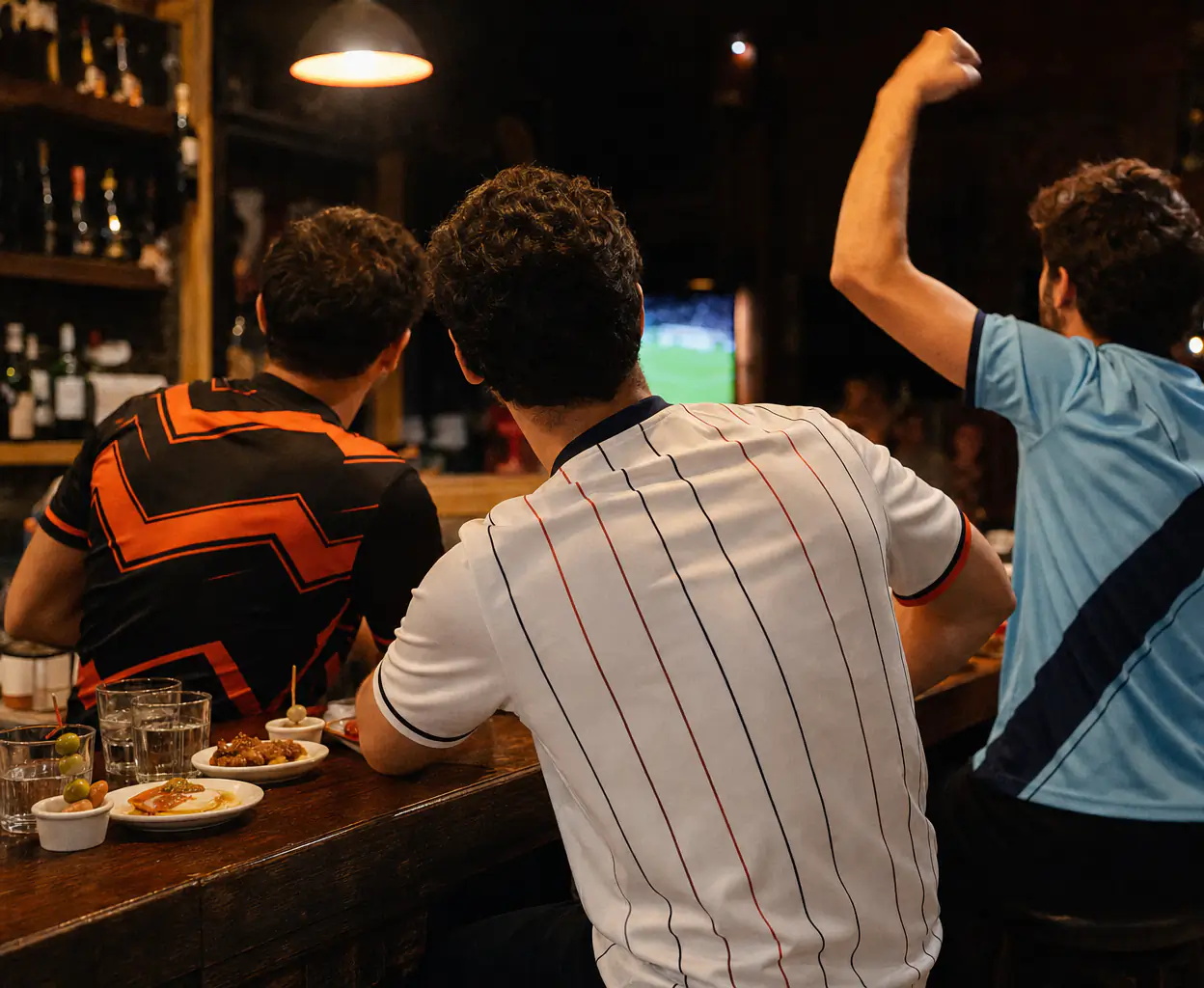 Des amis en maillots concept fêtent un but dans un bar