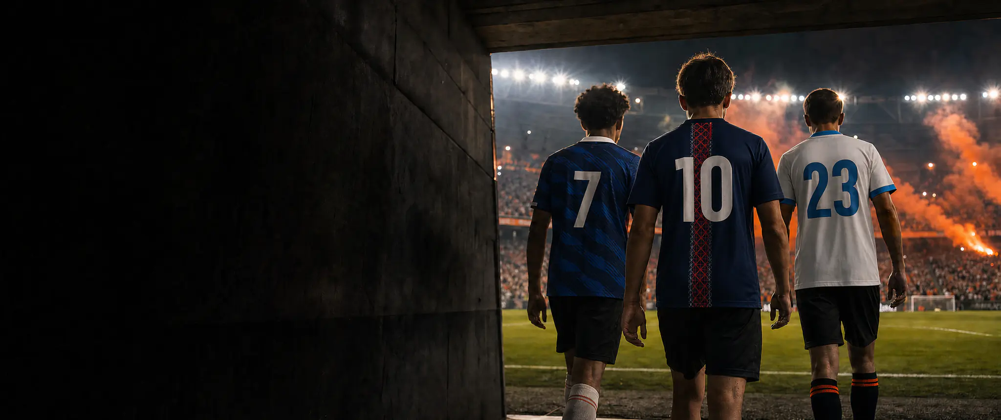 Trois joueurs de dos aux maillots France, PSG et OM sortent du tunnel d'un stade de nuit
