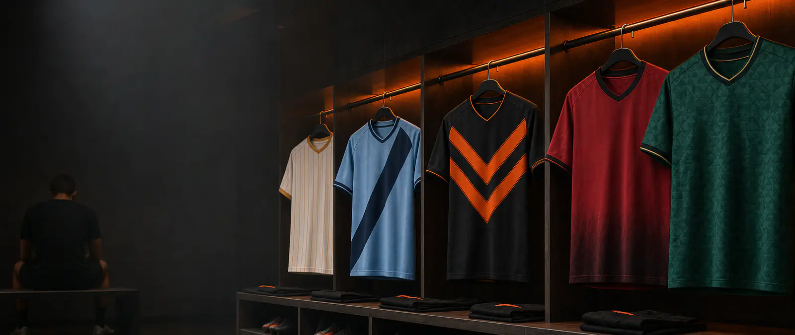 Maillots de foot neufs suspendus dans un vestiaire, saison 2026/2027